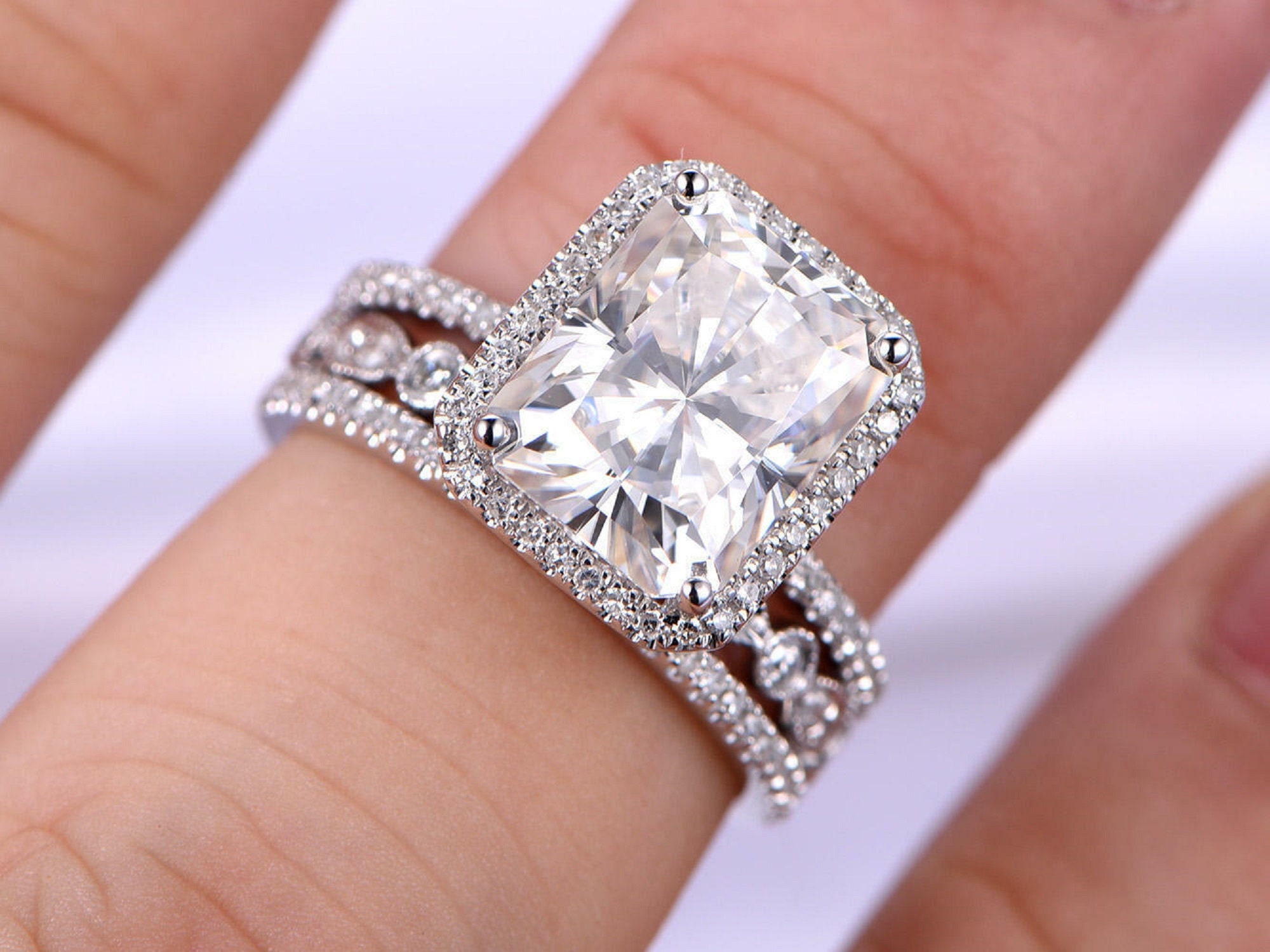 4.5 Ct Emerald Cut Moissanite Ring Set Classic Solid White Etsy