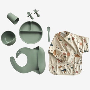 Minifolk Full Baby Weaning with Long Sleeved Waterproof Bib | Weaning Bundle | Baby Feeding Set | Suction Plate | Silicone Feeding Set Bib
