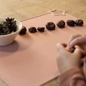 May include: A child's hands are shown counting brown chestnuts on a pink silicone mat. A small white bowl with pine cones is in the background.