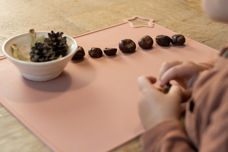 May include: A child's hands are shown counting brown chestnuts on a pink silicone mat. A small white bowl with pine cones is in the background.