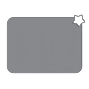 May include: Grey silicone placemat with a star-shaped cutout in the top right corner. The placemat has the word "minifolk" printed in white in the bottom right corner.