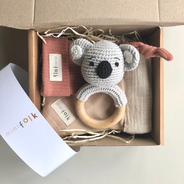 Minifolk New Baby Gift Set | Organic cotton Hat Dribble Bib Mini-Muslin Crochet Rattle Teether |Baby Gift Box | Natural Baby Shower Gift