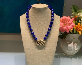 Vintage AVON Colbalt Blue Beaded Necklace with Gold Tone Shell Pendant.