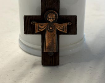 Vintage 1960s Wooden Crucifix with Copper Jesus • Small 2” Catholic Cross • Pocket Devotional • Rustic Christian Decor