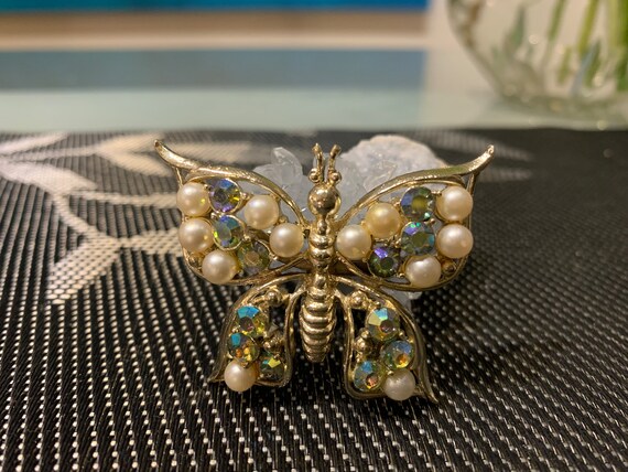 Vintage Rhinestone and Faux Pearl Butterfly Brooc… - image 1