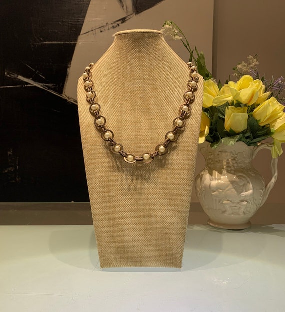 Vintage Copper Link & Faux Pearl Long Necklace.