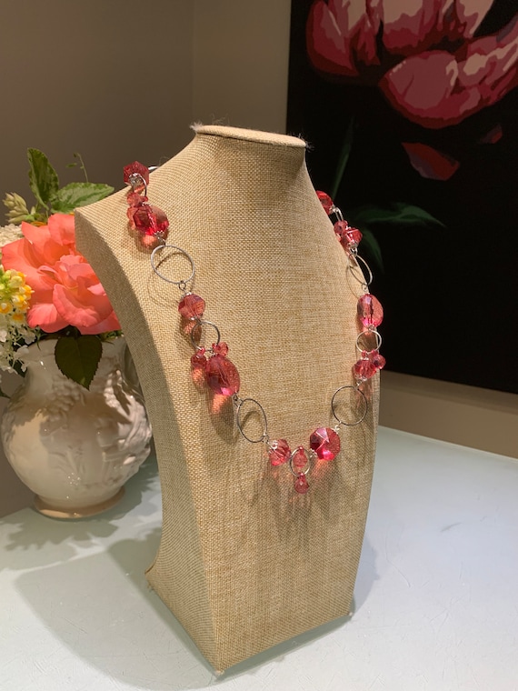 Vintage Pink Beaded Adjustable Statement Necklace.