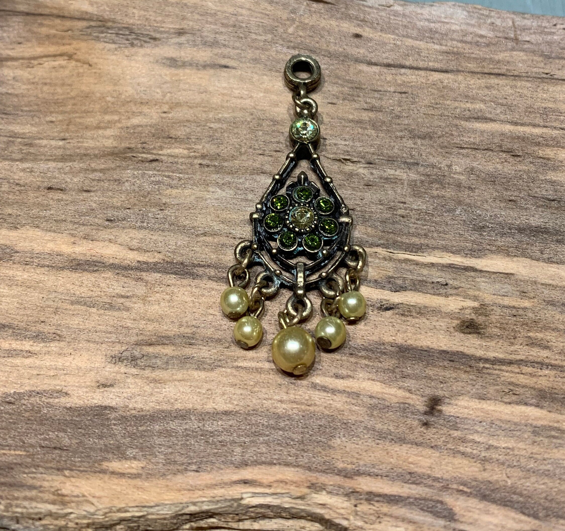 Pendentif Ancien Rectangulaire - Cabochon, Strass, Cuivre Cloisonné, Céramique Verte