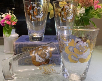 Vintage Libbey Highball Becher: MCM Gold Floral ""Rosenbouquet"""