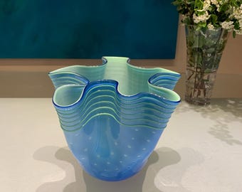 Vintage MCM Wavy Blue/Green Glass Vase with Dots.