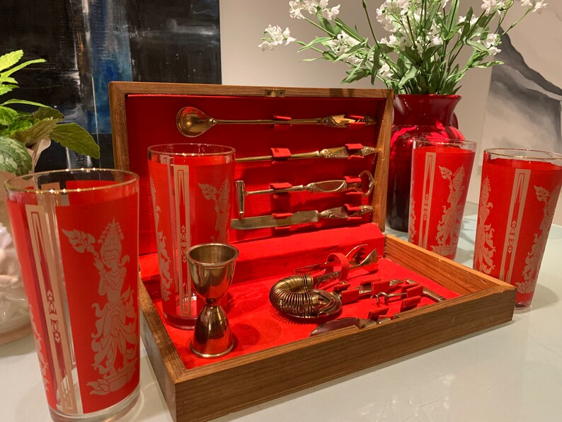 Vintage 9 Piece Bronze Bar Set With Wood Case Made in Thailand Etsy