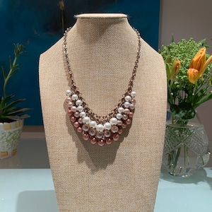 Vintage Beaded Copper and Faux Pearl 3 Strand Adjustable Necklace.