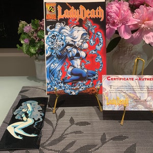 Lady Death # 1/2 da Chaos Comics Publicação promocional da Wizard com certificado de autenticidade e # 43, # 44 e # 45 Calendar Shots