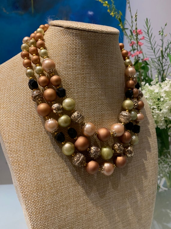 Vintage MCM Statement Faux Pearl, Beaded 3 Strand 