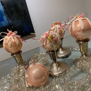 Vintage &quot;Victoria Collection&quot; Mercury Glass Pink Ornate Ornaments. Set of 5