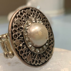 Vintage Faux Pearl Rhinestone Statement Ring - Size 9