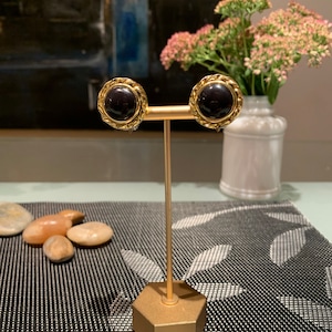 Vintage Gold Tone & Black Lucite Clip-On Earrings.