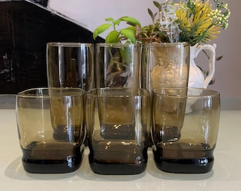Vintage Libbey &quot;Carrington&quot; MCM Tawny Mocha Brown Lowball/Rocks Glass & Highball/Iced Tea Tumblers. Your Choice.