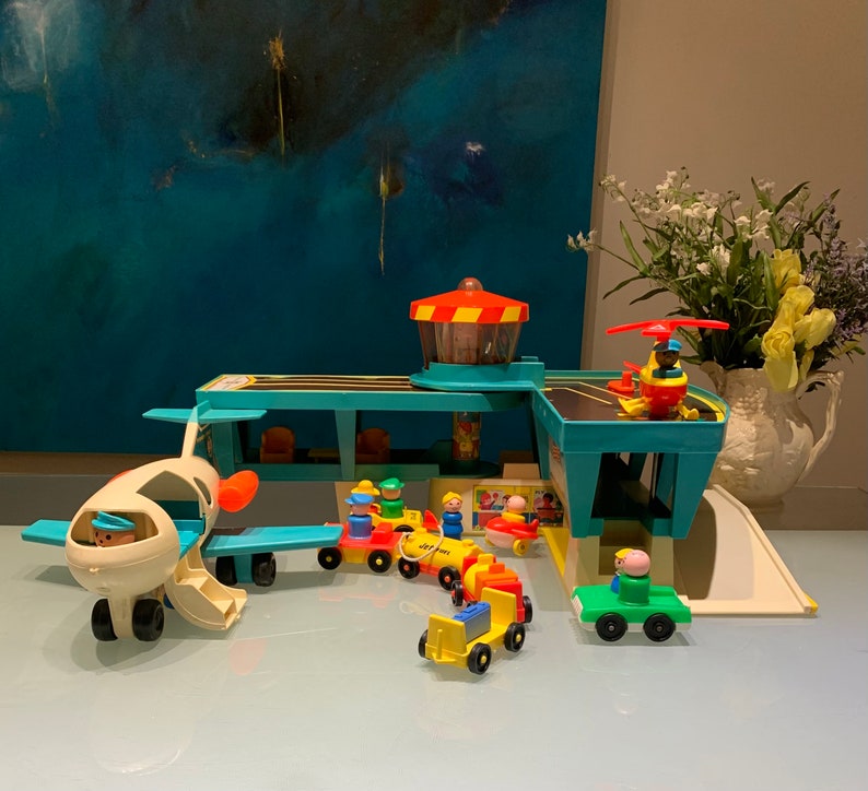 Vintage Fisher Price Play Family Deluxe Little People Airport with Extras Please Read the Description. image 1