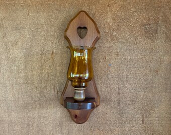 Vintage Carved Wood Votive Candle Heart Wall Sconce with Ruffled Glass Shade. Please read the description