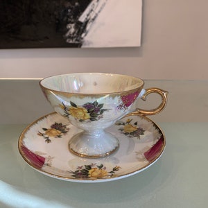 Vintage Floral Iridescent Gilded China Tea Cup & Saucer: Cottagecore, Fine Dining.