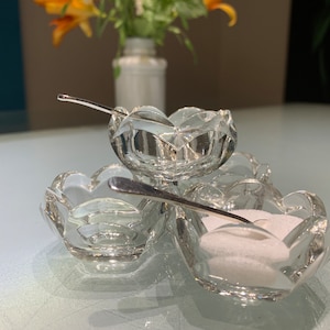 Vintage MCM Pressed Glass Salt Cellar with Silverplated Spoons