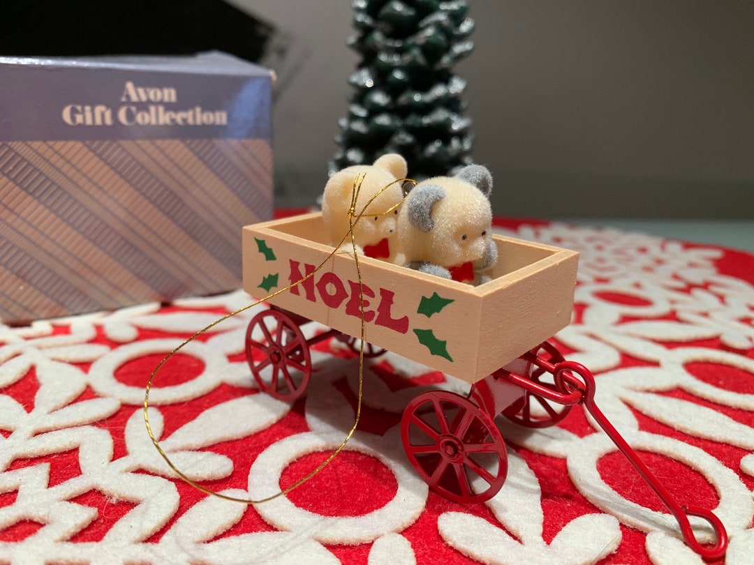 Vintage Avon Teddy Bears Ornament Collection teddies in Wagon, With