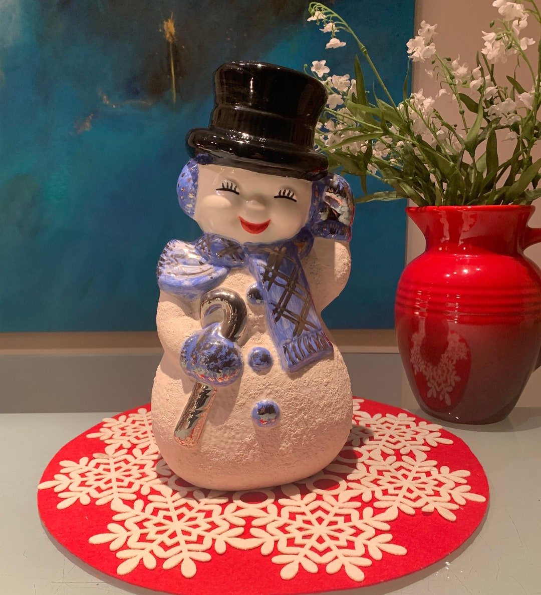 Vintage Large Ceramic Snowman Figurine With Chrome Silver Etsy