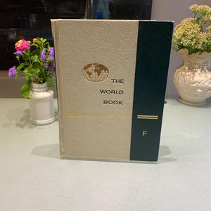 May include: A hardcover book titled "The World Book" with a beige cover and a dark green spine. The cover features a gold embossed globe design. The book is standing upright on a light-colored surface.