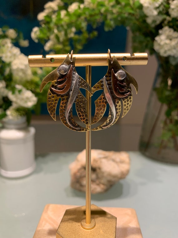 Vintage Brass and Copper Pierced Drop FISH Earring