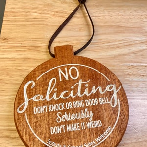 Mahogany No Soliciting Sign – Outdoor Wood Door Sign with Leather Strap – Hand Carved and Painted – Scout & Cookie Friendly