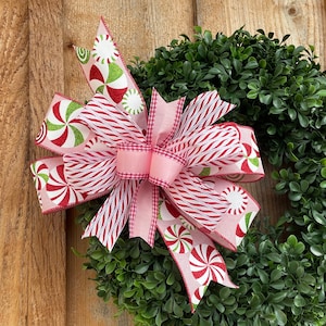 Pink Candy cane wreath bow , Modern Candy Christmas Lantern bow, accent bow , mail box bow , gift basket bow