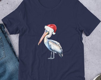 Camiseta de manga curta com estampa de Papai Noel e pelicano da Louisiana, camiseta natalina da Louisiana, camiseta natalina cajun.