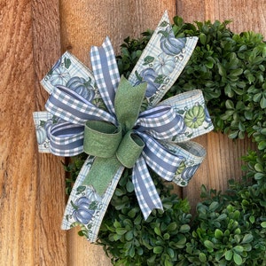 Modern Smoke Blue  and sage green pumpkin bow , Fall pumpkin wreath bow , Fall accent bow , gift basket bow , Autumn bow , gift basket bow