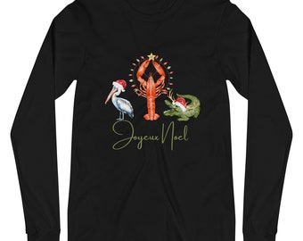 Camisa de manga comprida Joyeux Noel, camiseta de Natal Cajun da Louisiana, Natal Cajun, Natal da Louisiana