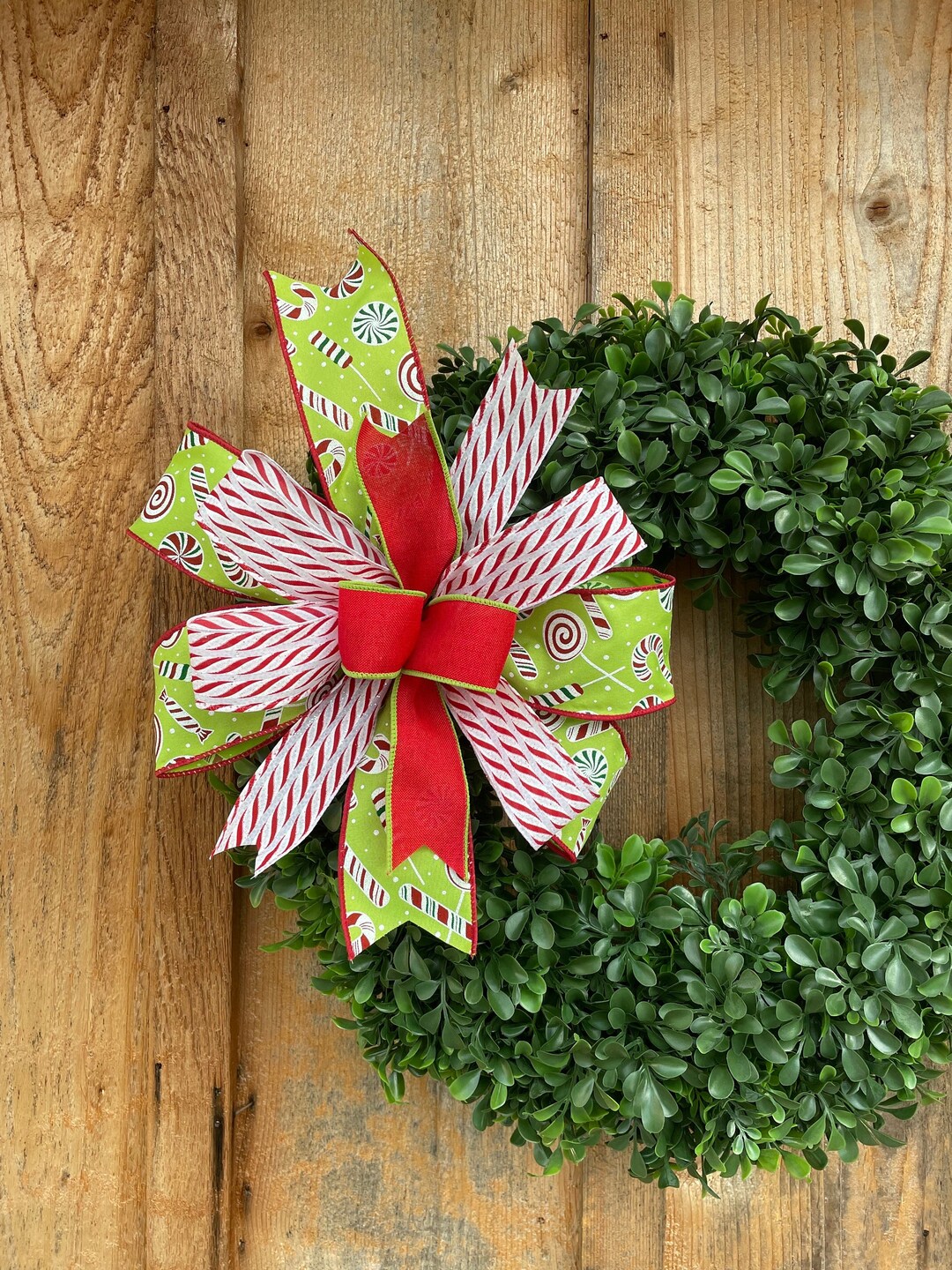 Red and Green Candy Cane Wreath Bow Modern Candy Christmas Etsy