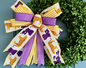LSU Tiger Wreath Bow: Purple & Gold Louisiana State Pride