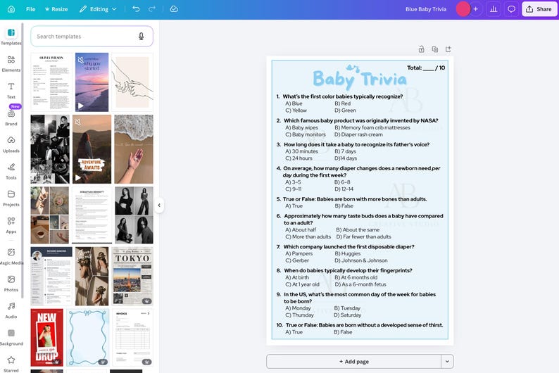 Baby Trivia Game – Blue Boy Shower Activity (digital Download) - Etsy