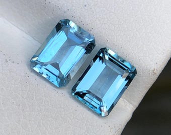 Unheated Santa Maria Aquamarine Emerald Cut 7mm 1.72Ct Pair Natural March Birthstone for Earrings