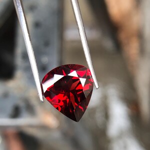 May include: A deep red gemstone with a triangular cut, held by tweezers.