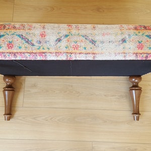 Tapijt Frontdoor Bank, Gestoffeerde Bank, Boho Bench Decor, Handgemaakte Kelim Bank, Lederen Ottomaanse Poef, Ottomaanse Boho Bank afbeelding 8
