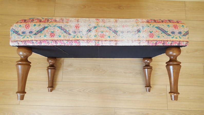 Tapijt Frontdoor Bank, Gestoffeerde Bank, Boho Bench Decor, Handgemaakte Kelim Bank, Lederen Ottomaanse Poef, Ottomaanse Boho Bank afbeelding 8