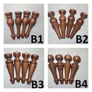 Puede incluir: Cuatro juegos de patas de muebles de madera, cada juego con cuatro patas. Las patas son de color marr&oacute;n y tienen una forma redondeada y c&oacute;nica. Los juegos est&aacute;n etiquetados como B1, B2, B3 y B4.