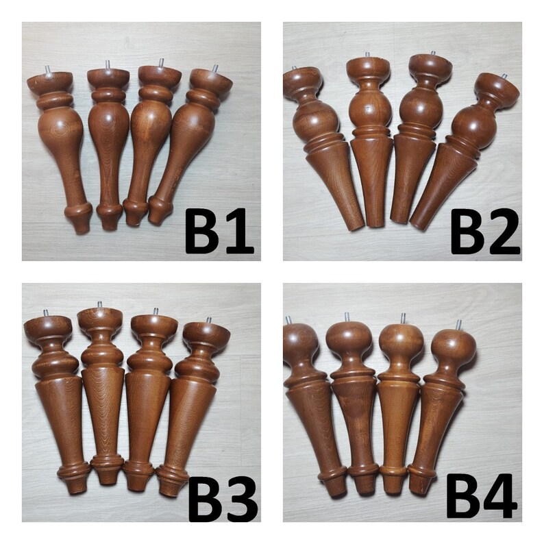 Puede incluir: Cuatro juegos de patas de muebles de madera, cada juego con cuatro patas. Las patas son de color marr&oacute;n y tienen una forma redondeada y c&oacute;nica. Los juegos est&aacute;n etiquetados como B1, B2, B3 y B4.