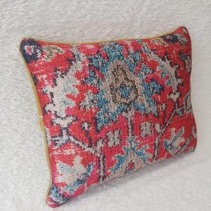 May include: A red, blue and white patterned cushion with a gold trim. The cushion is made of a soft, textured fabric.