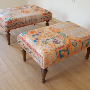 Tapijt Frontdoor Bank, Gestoffeerde Bank, Boho Bench Decor, Handgemaakte Kelim Bank, Lederen Ottomaanse Poef, Ottomaanse Boho Bank afbeelding 6
