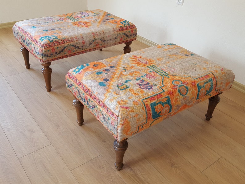 Tapijt Frontdoor Bank, Gestoffeerde Bank, Boho Bench Decor, Handgemaakte Kelim Bank, Lederen Ottomaanse Poef, Ottomaanse Boho Bank afbeelding 6