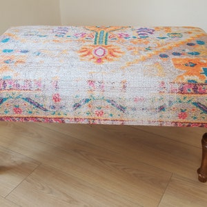 Tapijt Frontdoor Bank, Gestoffeerde Bank, Boho Bench Decor, Handgemaakte Kelim Bank, Lederen Ottomaanse Poef, Ottomaanse Boho Bank afbeelding 2
