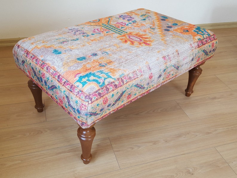 Tapijt Frontdoor Bank, Gestoffeerde Bank, Boho Bench Decor, Handgemaakte Kelim Bank, Lederen Ottomaanse Poef, Ottomaanse Boho Bank afbeelding 3