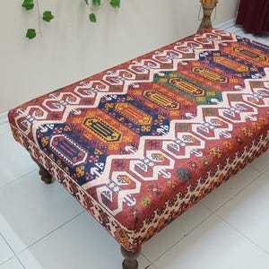 Ethnic Rug Bench , Handmade Wood Bench , Kilim Square Ottoman , Livingroom Rug Bench , Moroccan Style Pouf , Ottoman Living Room